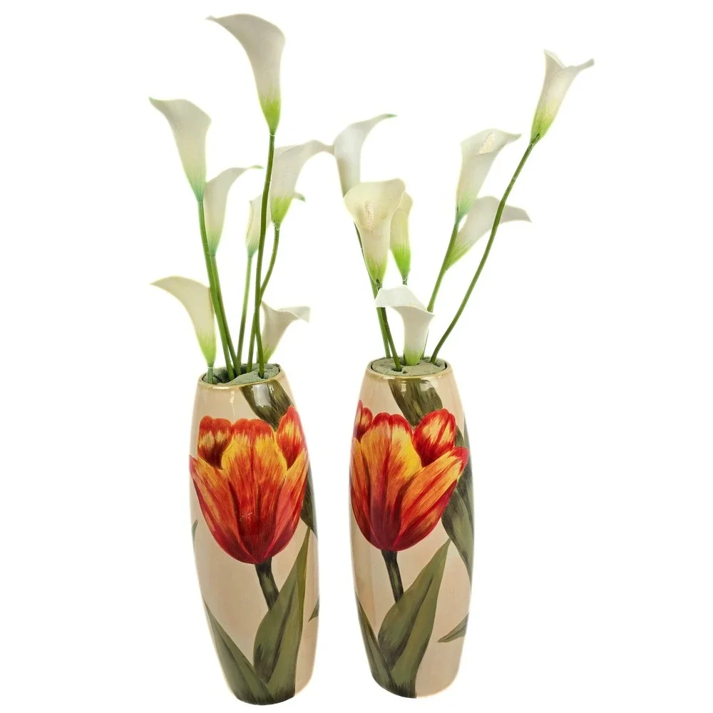 Carolina Pottery 80159 Ceramic Tulip Vases Pair Red Yellow Floral 12.5 Inch Tall